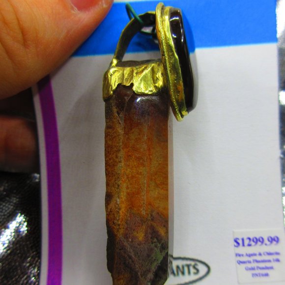 Fire Opal & Chlorite Quartz Phantom Gold Gemstone Pendant - Picture 3 of 8